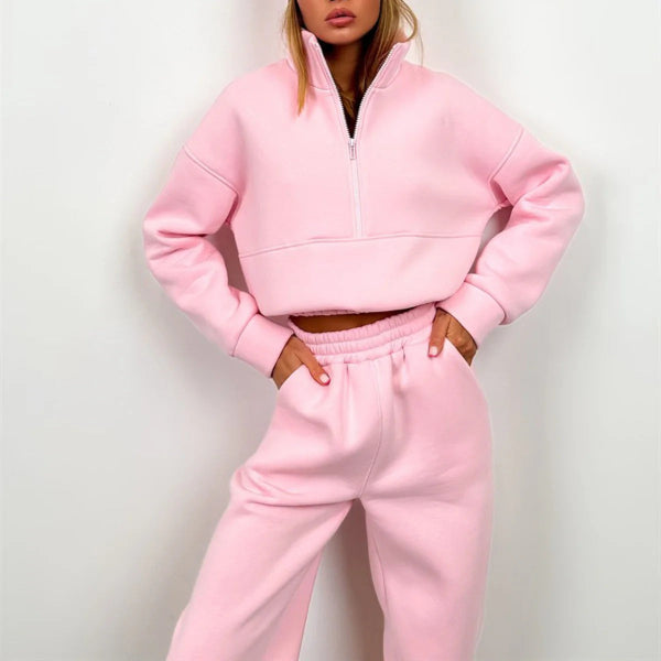 Women's two-piece sweat set relaxed fit high collar half-zip top elastic waist lounge outfit