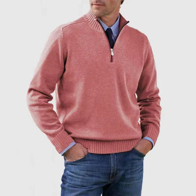 Men's quarter zip business casual sweater in solid color, slim professional cut with adjustable zip neckline