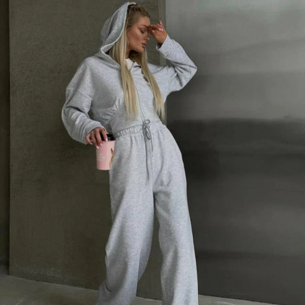 Women's two-piece lounge set relaxed-fit zip hoodie sweatshirt wide-leg pants cotton blend comfort