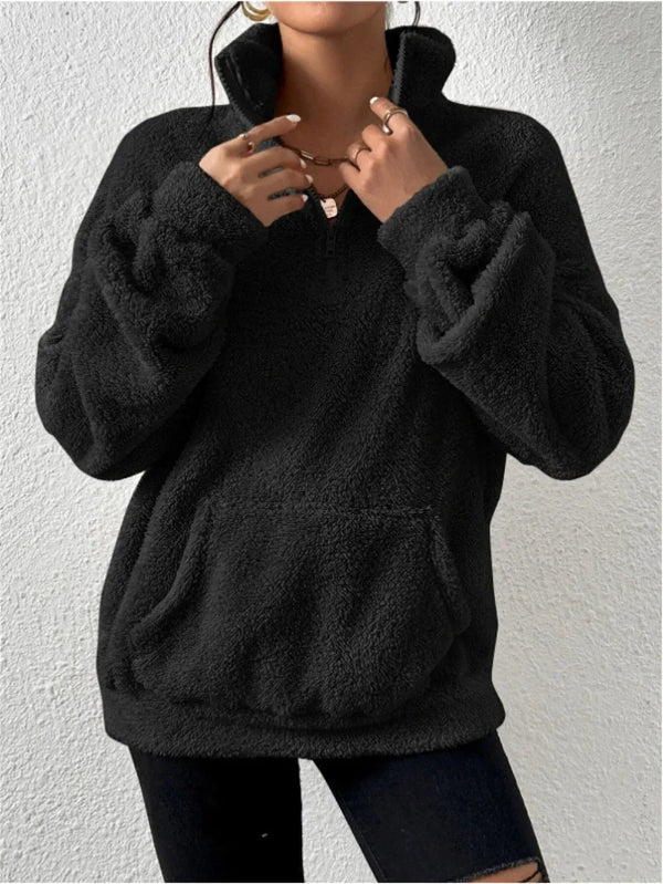 Women's plush fleece sweatshirt relaxed fit stand collar zip front with kangaroo pocket cozy layer