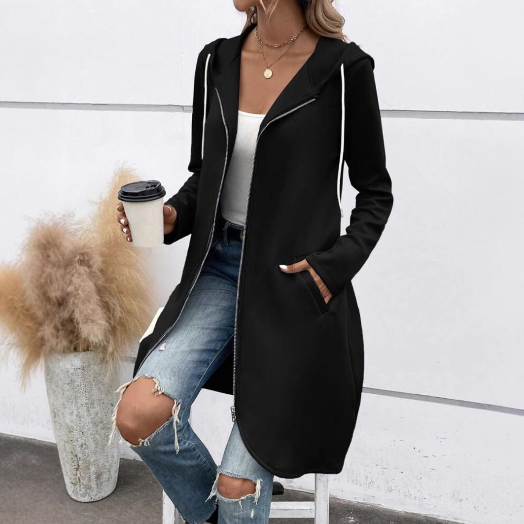 Women's long hoodie sweatshirt cozy fleece relaxed fit full zip with side pockets longline style