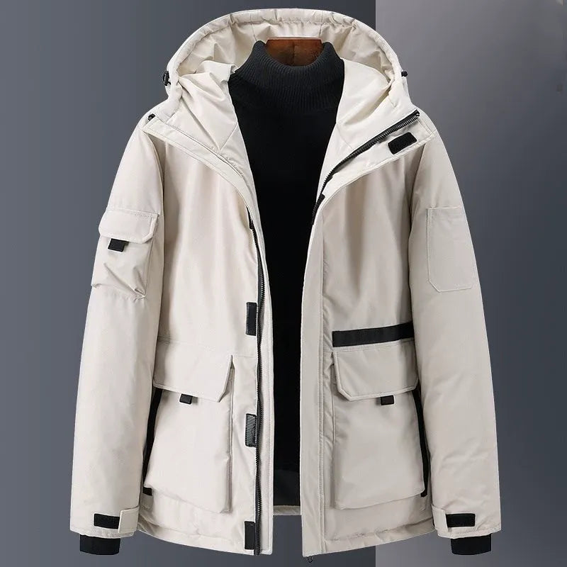 Men's black hooded down jacket water-resistant relaxed fit with multiple utility pockets