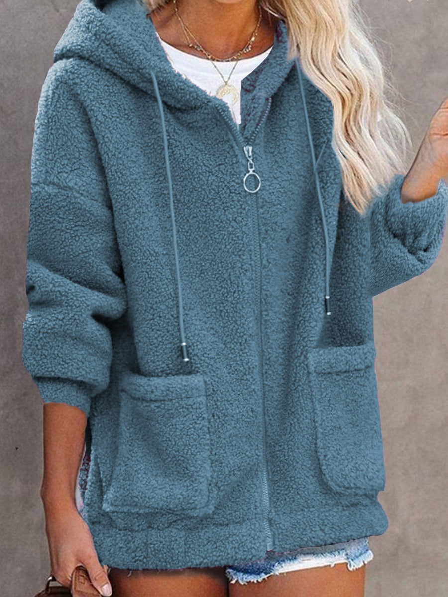Women's oversized hooded sherpa jacket zip-front pockets cozy plush faux fur casual outerwear