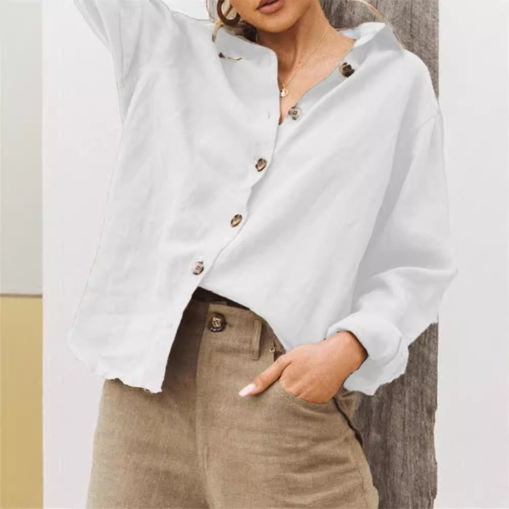 Women's loose fit cotton linen blend long sleeve button front collar shirt, breathable everyday comfort