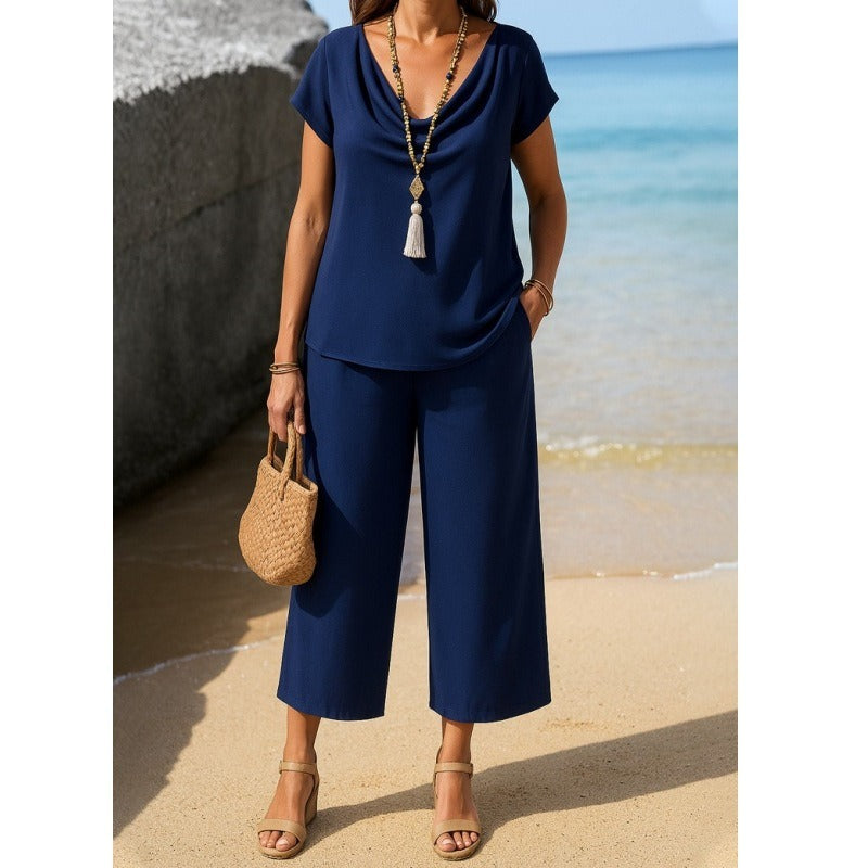 Women's soft knit two-piece set with pile collar pullover and wide-leg cropped pants, relaxed fit