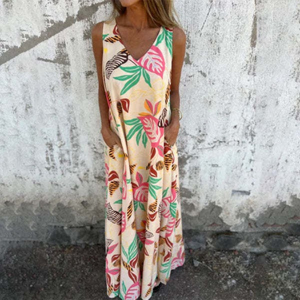 Women's sleeveless maxi dress V-neck relaxed fit leaf pattern lightweight cotton summer casual