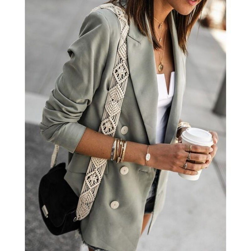 Women's double-breasted wool-blend blazer tailored fit with ruched sleeves for a polished professional look
