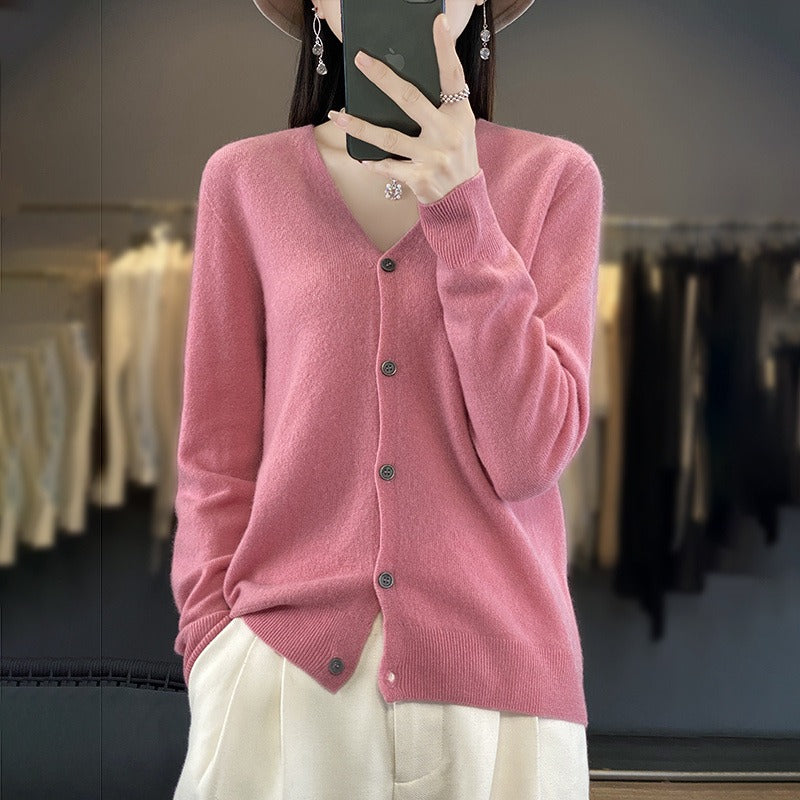 Women's beige wool knit relaxed-fit V-neck cardigan with classic button front closure