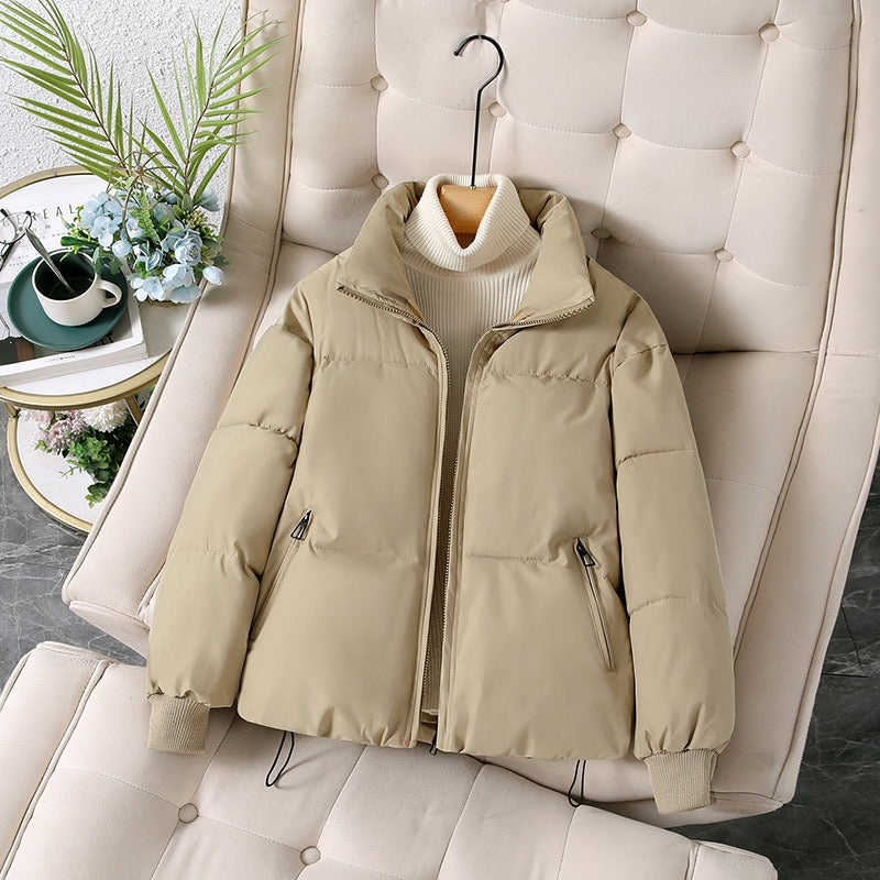 Women's woven oversized jacket stand-up collar hip-length relaxed fit lightweight insulated layer
