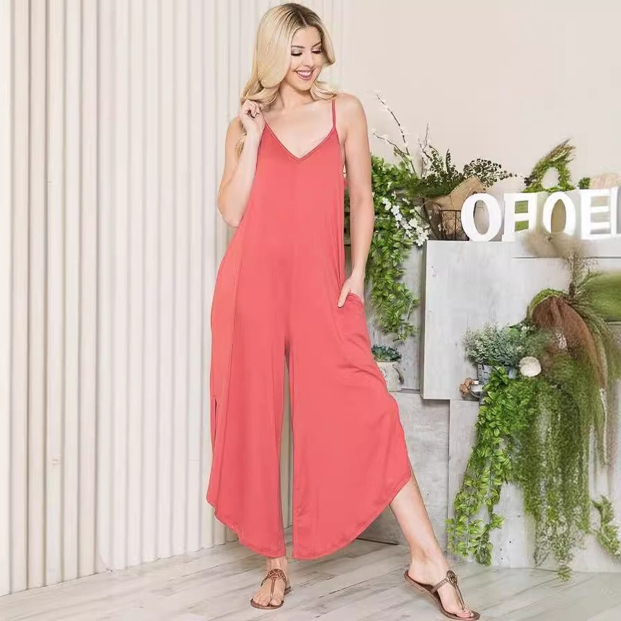 Women's relaxed fit sleeveless V-neck wide leg jumpsuit with pockets, casual chic everyday style