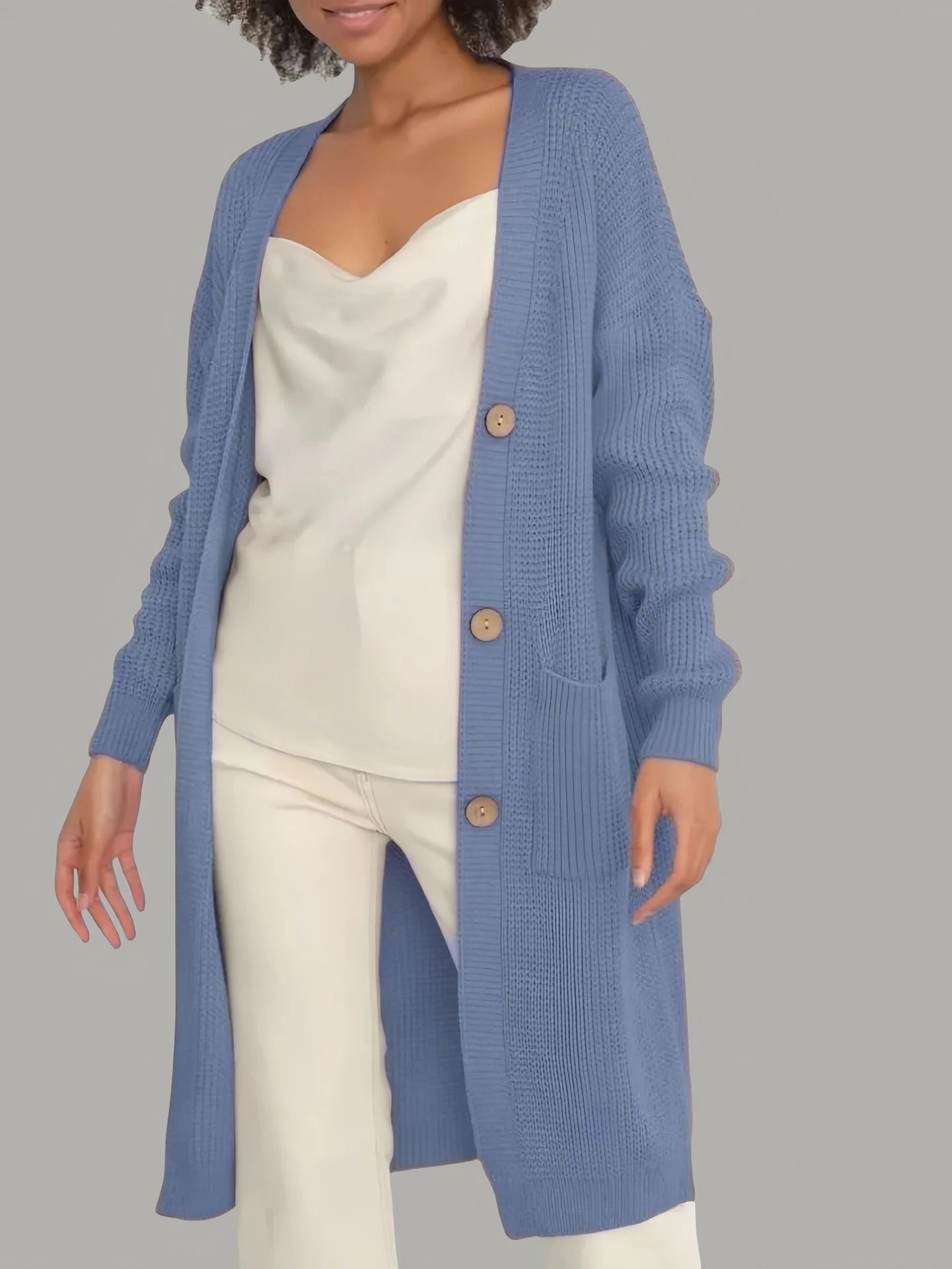 Women's long soft knit cardigan relaxed fit with pockets and button closure for effortless style