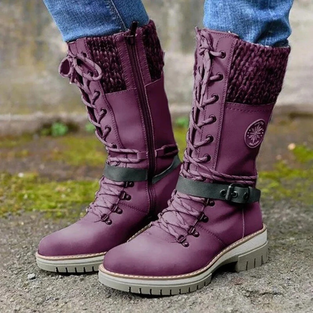 Women's knee-high boots with lace-up front, wool cuff, buckle strap, and side zipper for winter warmth