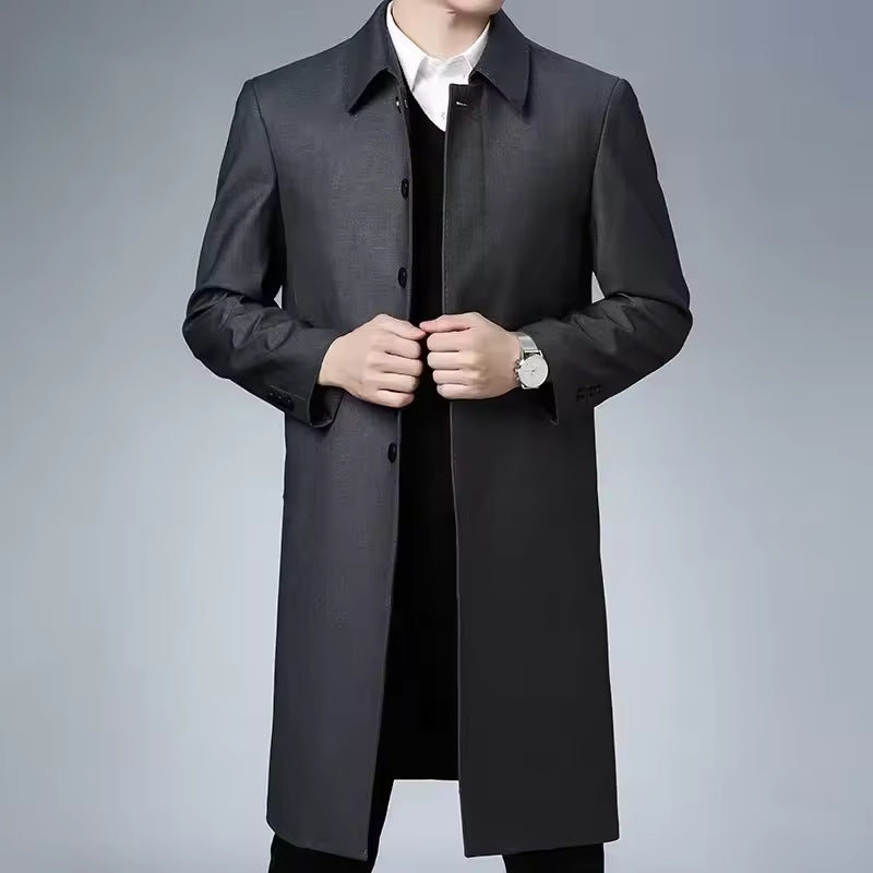 Men's slim fit long wool-look coat with classic lapel and button closure in elegant style