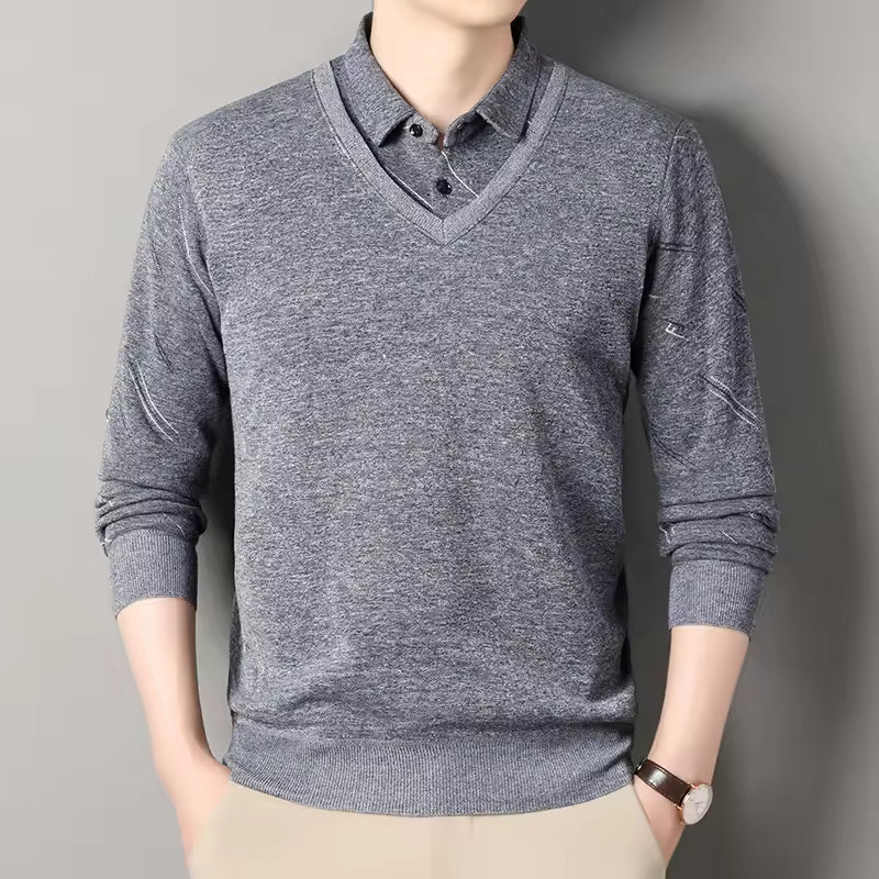 Men's fleece-lined knit pullover sweater, regular fit V-neck polo collar, warm everyday style