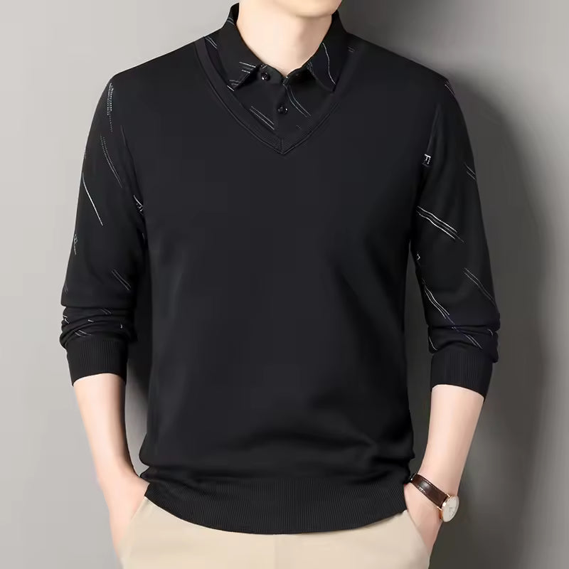 Men's fleece-lined knit pullover sweater, regular fit V-neck polo collar, warm everyday style
