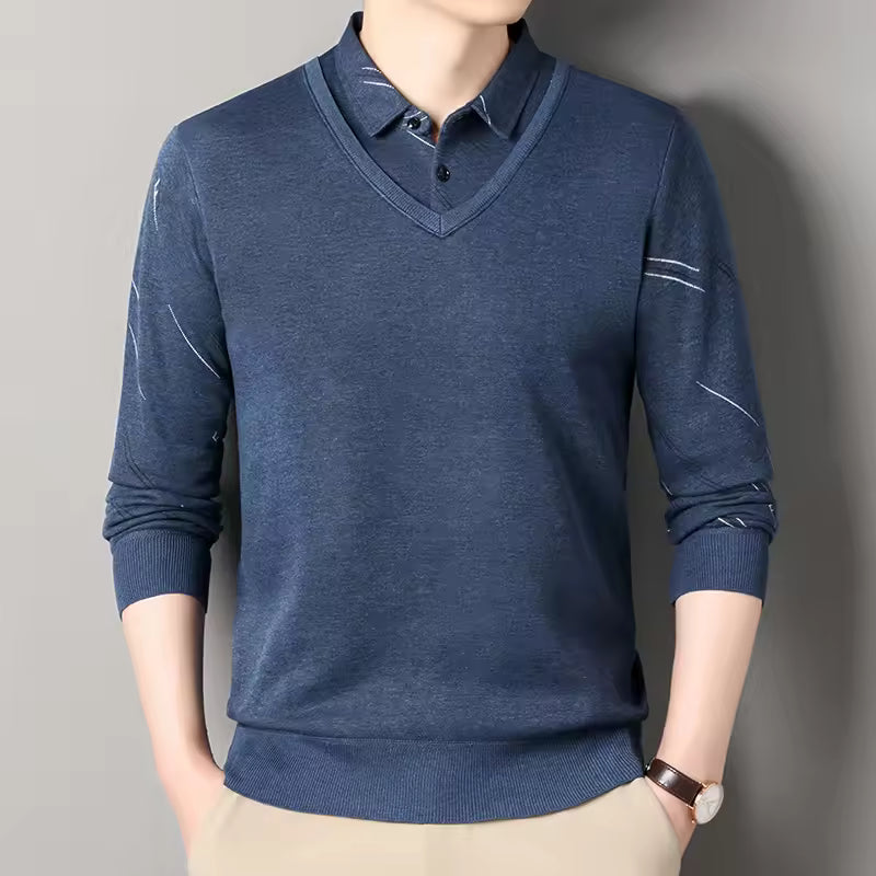 Men's fleece-lined knit pullover sweater, regular fit, V-neck polo collar, warm everyday style
