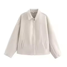 Women's wool texture loose fit jacket with zip closure and lapel collar for casual everyday wear