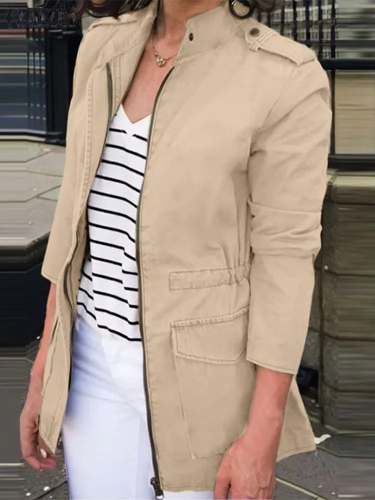 Women's relaxed-fit cotton cargo jacket with stand collar, zipper closure, and flap pockets