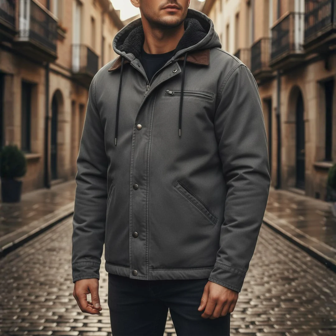 Men's blue hooded winter jacket durable polyester fleece-lined urban fit everyday wear