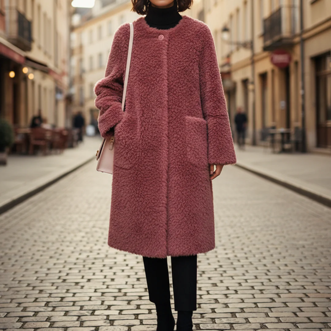 Women's camel teddy coat classic fit soft fleece winter essential with cozy pockets warm silhouette