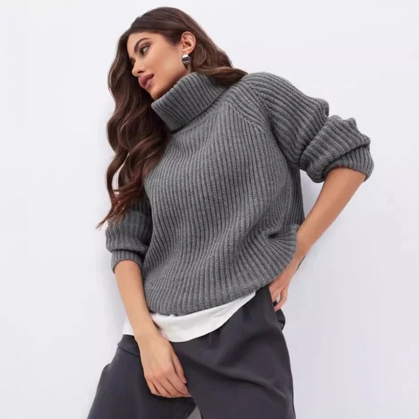 Women's relaxed fit ribbed knit turtleneck sweater in soft wool texture, cozy fall essential