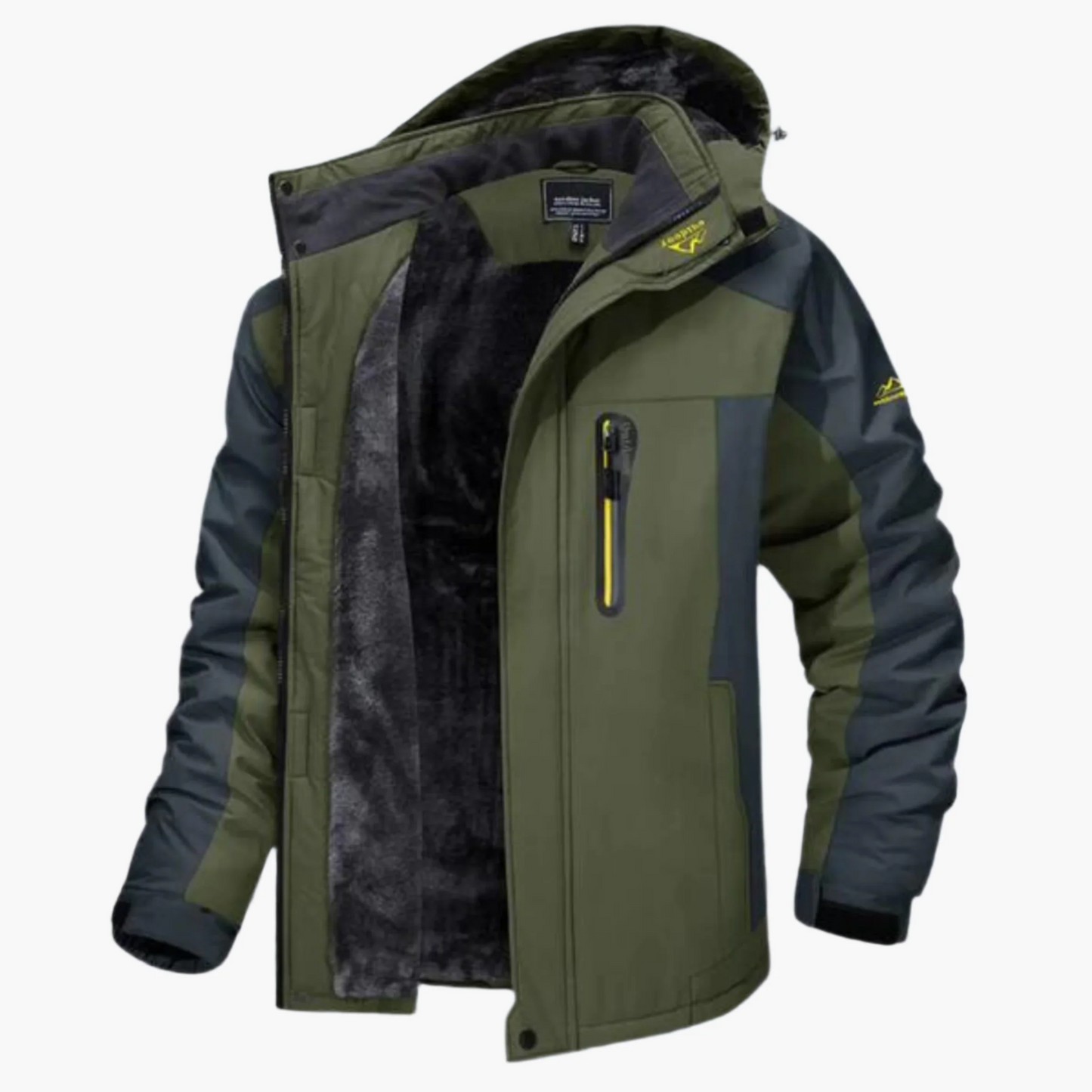 Men's waterproof hooded outdoor jacket with fleece lining, rugged all-weather style