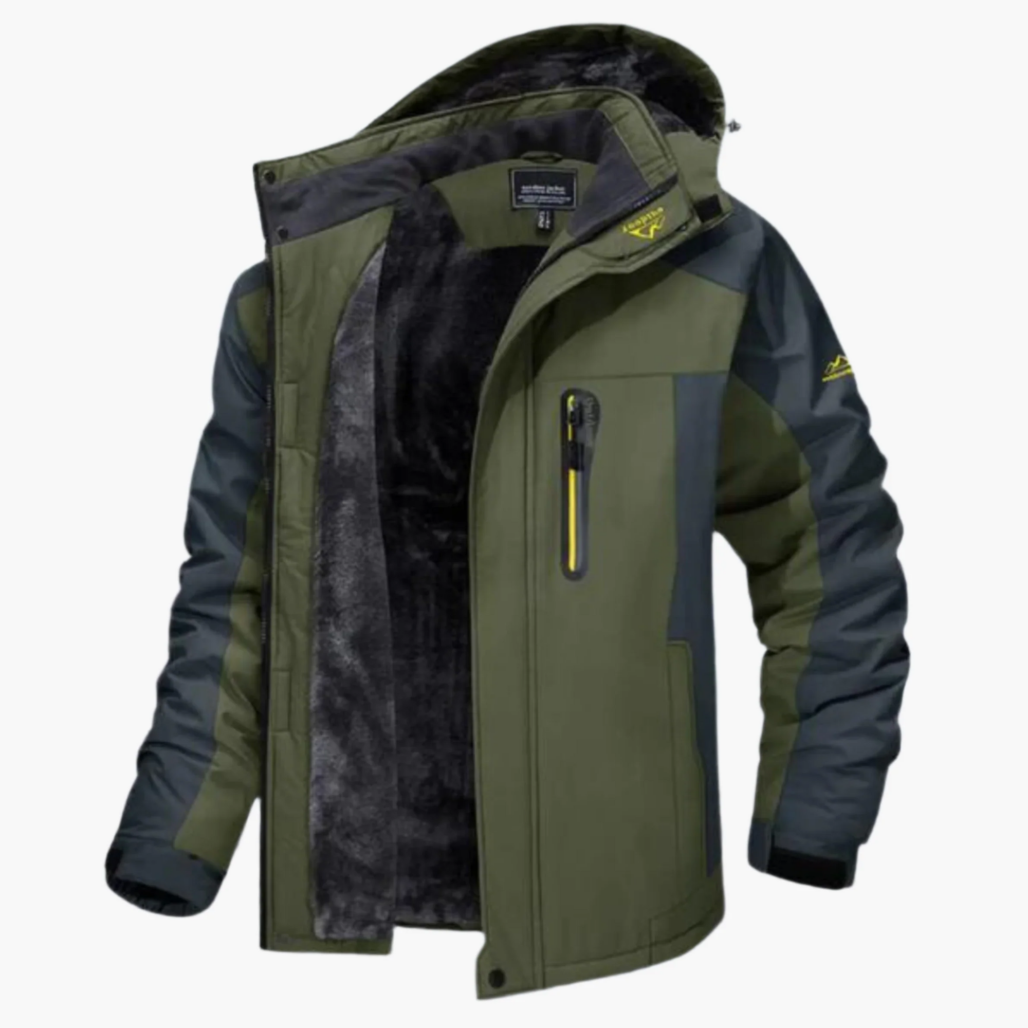 Men's waterproof hooded outdoor jacket with fleece lining, rugged all-weather style