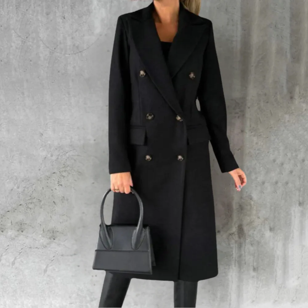 Women's camel wool-texture double-breasted trench coat tailored fit knee-length elegant silhouette