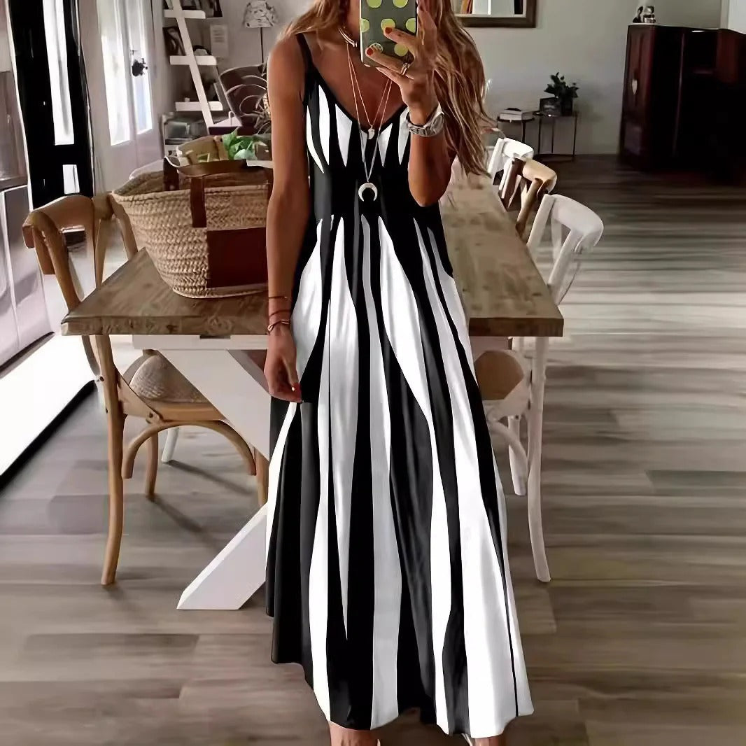 Women's striped maxi dress sleeveless V-neck flowing silhouette lightweight summer vacation style