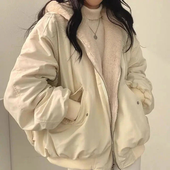 Women's relaxed fit double-layer jacket with plush lining and zipper closure for fall winter warmth