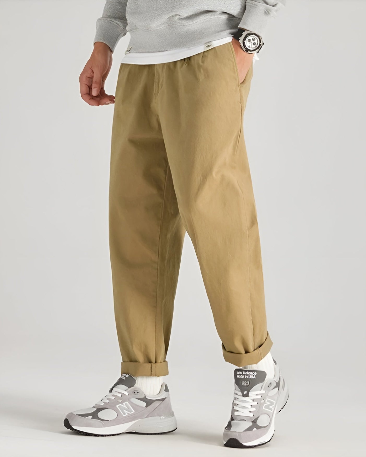 Neutral cropped trousers relaxed straight cut breathable cotton-twill stretch fabric everyday comfort