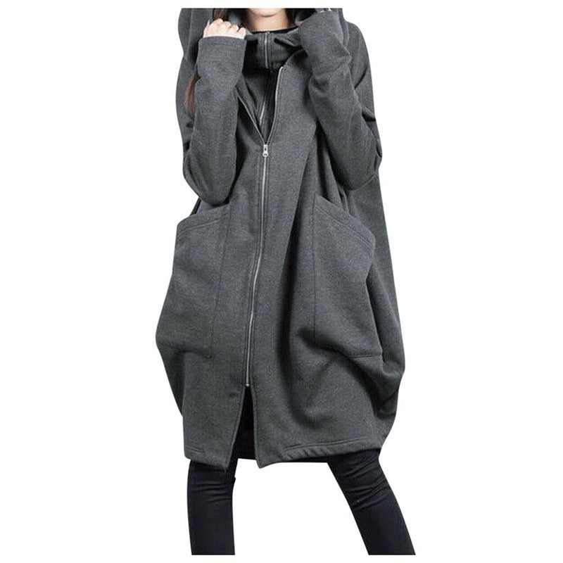 Women's oversized mid-length wool coat hooded zipper front pockets cozy winter warmth