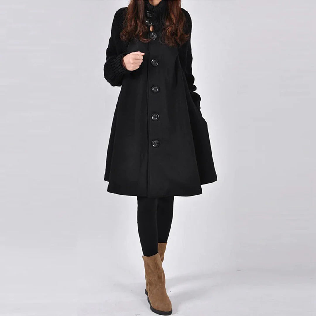 Women's wool blend A-line knee-length coat with high ribbed collar, polished professional style