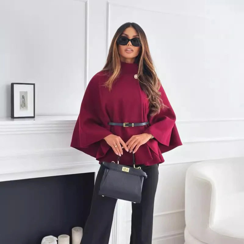 Women's oversized poncho blouse elegant draping belt loop modern urban style versatile top