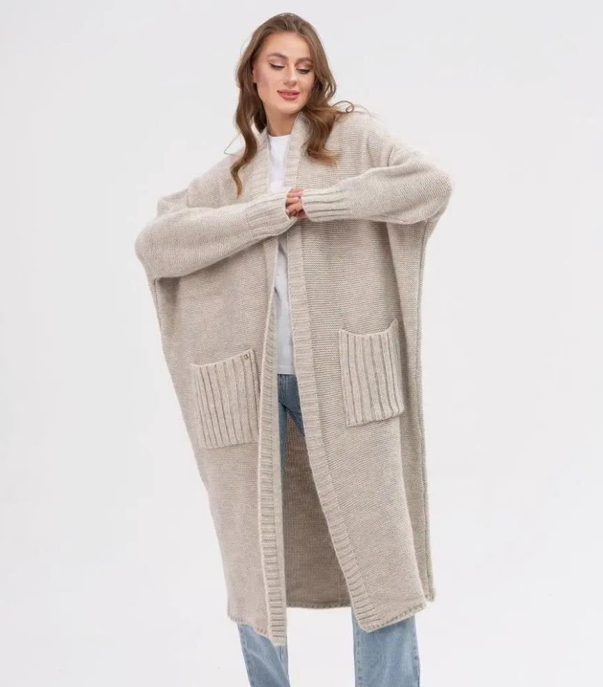 Women's oversized long cardigan soft wool texture cozy fit with large functional pockets