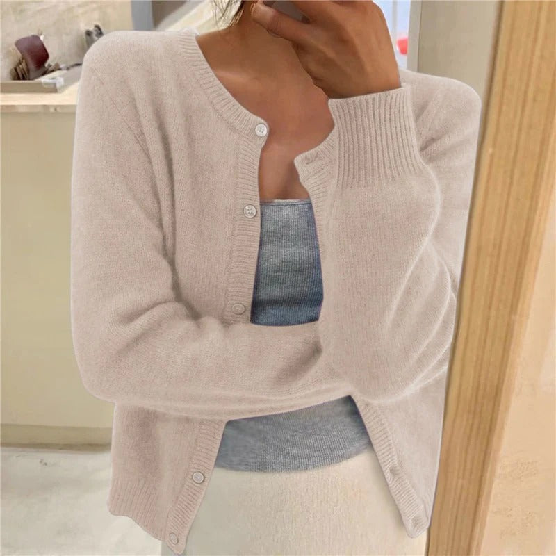 Women's wool blend relaxed fit cardigan with button details and ribbed edges, soft cozy everyday wear