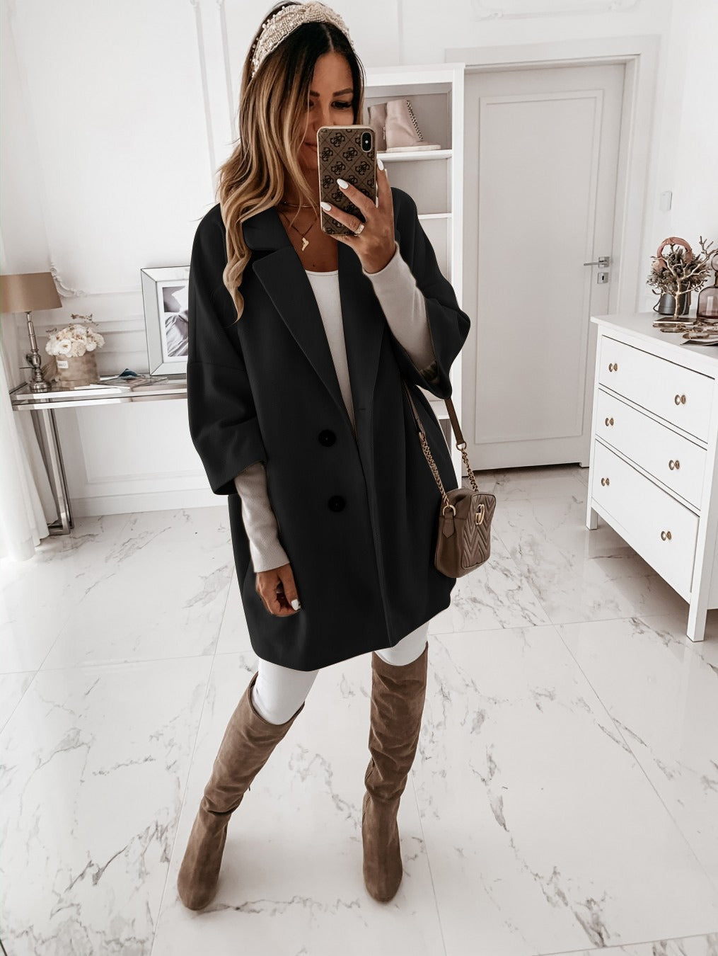 Women's oversized wool blend coat three-quarter sleeve button front lapel collar classic warm fit