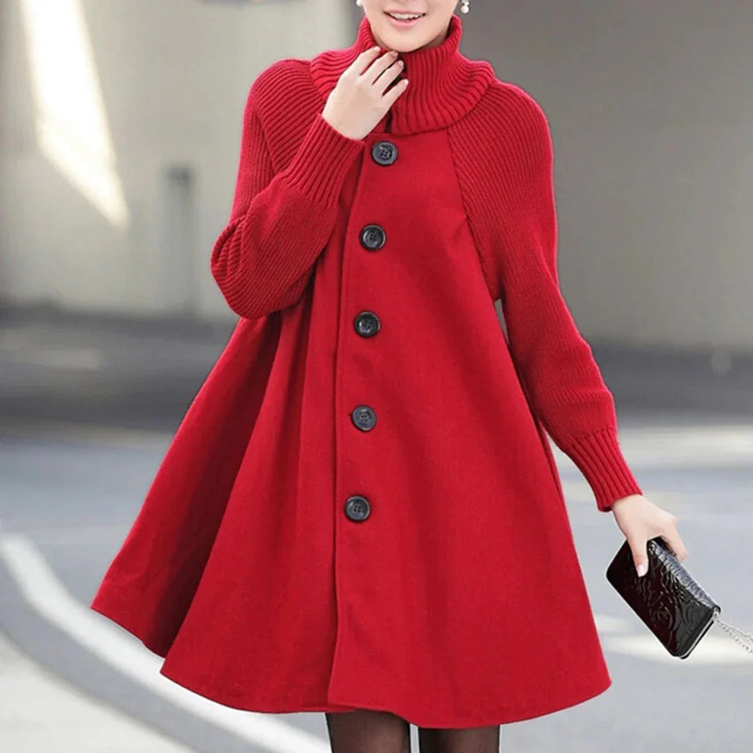 Women's wool blend A-line knee-length coat with high ribbed collar in versatile professional style