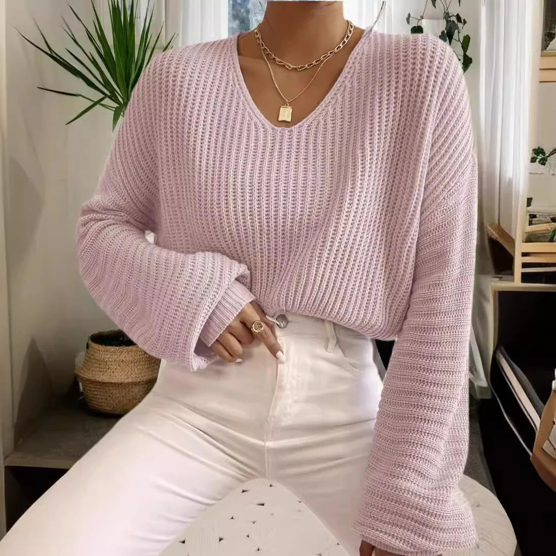 Women's relaxed fit V-neck rib knit sweater long sleeve casual everyday comfort style