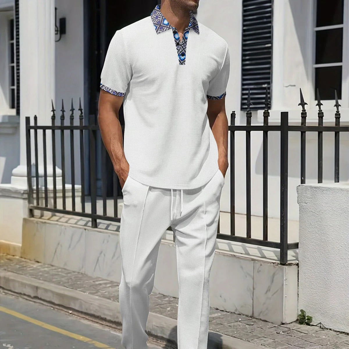 Men's light gray casual suit set relaxed-fit short sleeve top tapered trousers breathable fabric