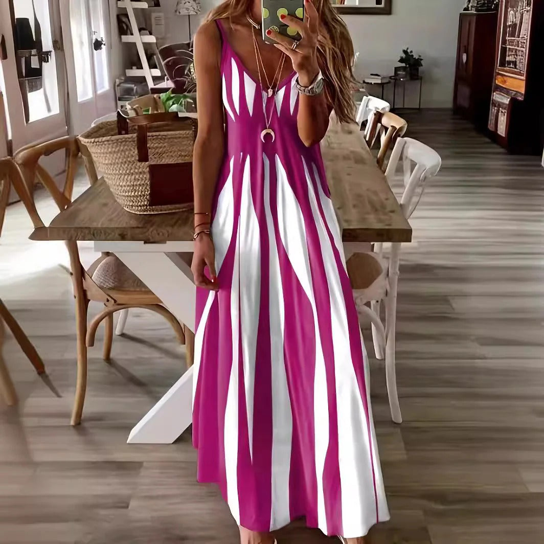 Women's striped maxi dress sleeveless V-neck flowing silhouette lightweight summer vacation style