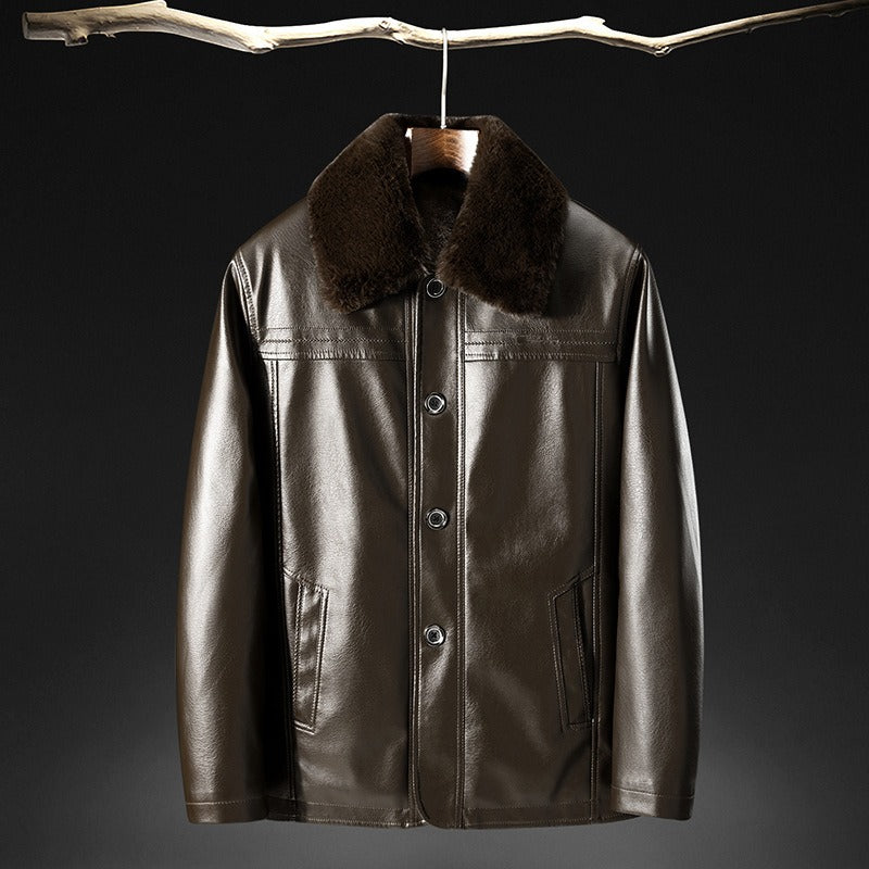 Men's black PU leather tailored fit waist-length jacket with luxurious fur collar and button closure