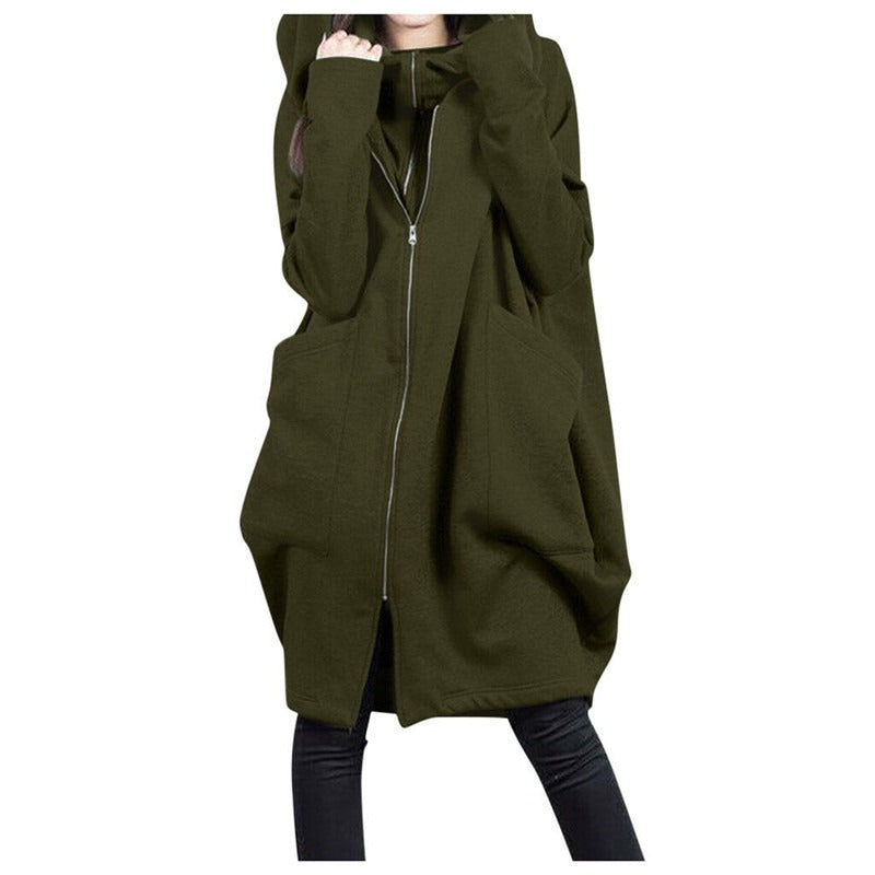 Women's oversized mid-length wool coat with hood, front zipper pockets, cozy winter warmth