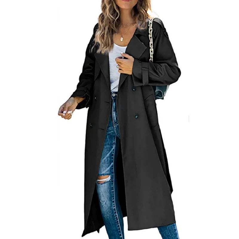 Women's beige relaxed-fit double-breasted long structured trench coat with timeless elegant silhouette