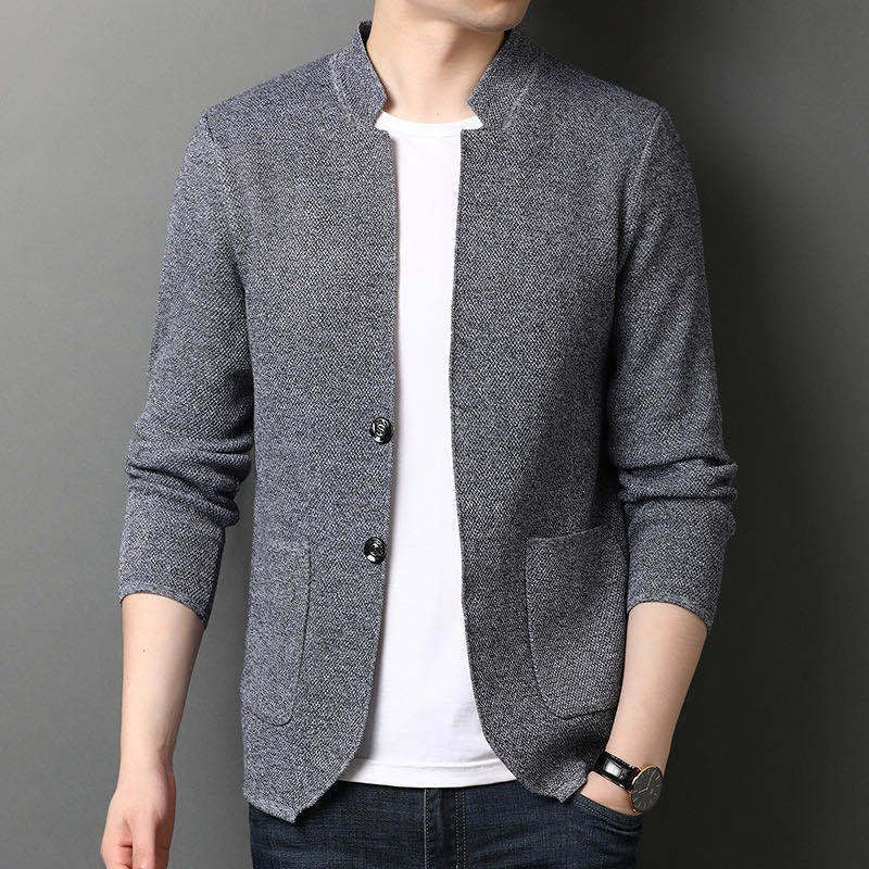 Men's slim fit knit blazer notch lapel two-button closure patch pockets smart casual style