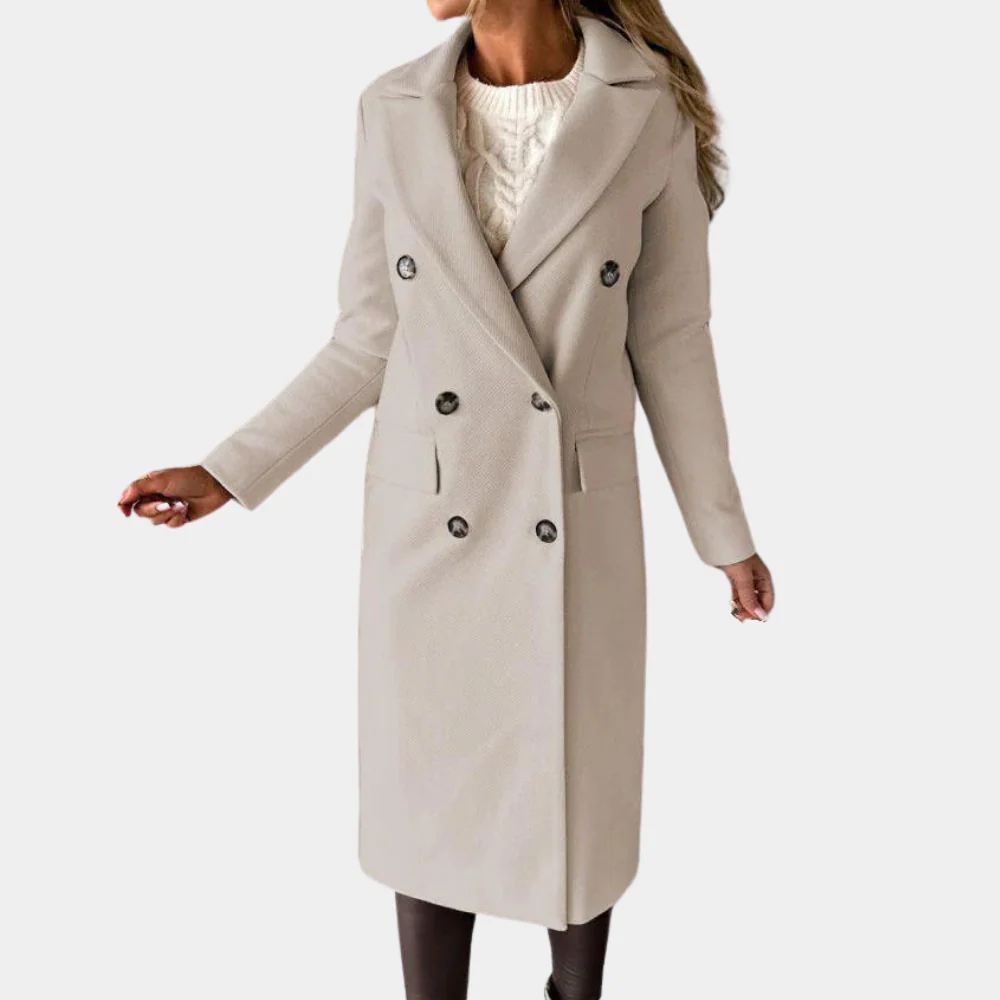 Women's tailored double-breasted wool coat with notched lapel in classic long silhouette