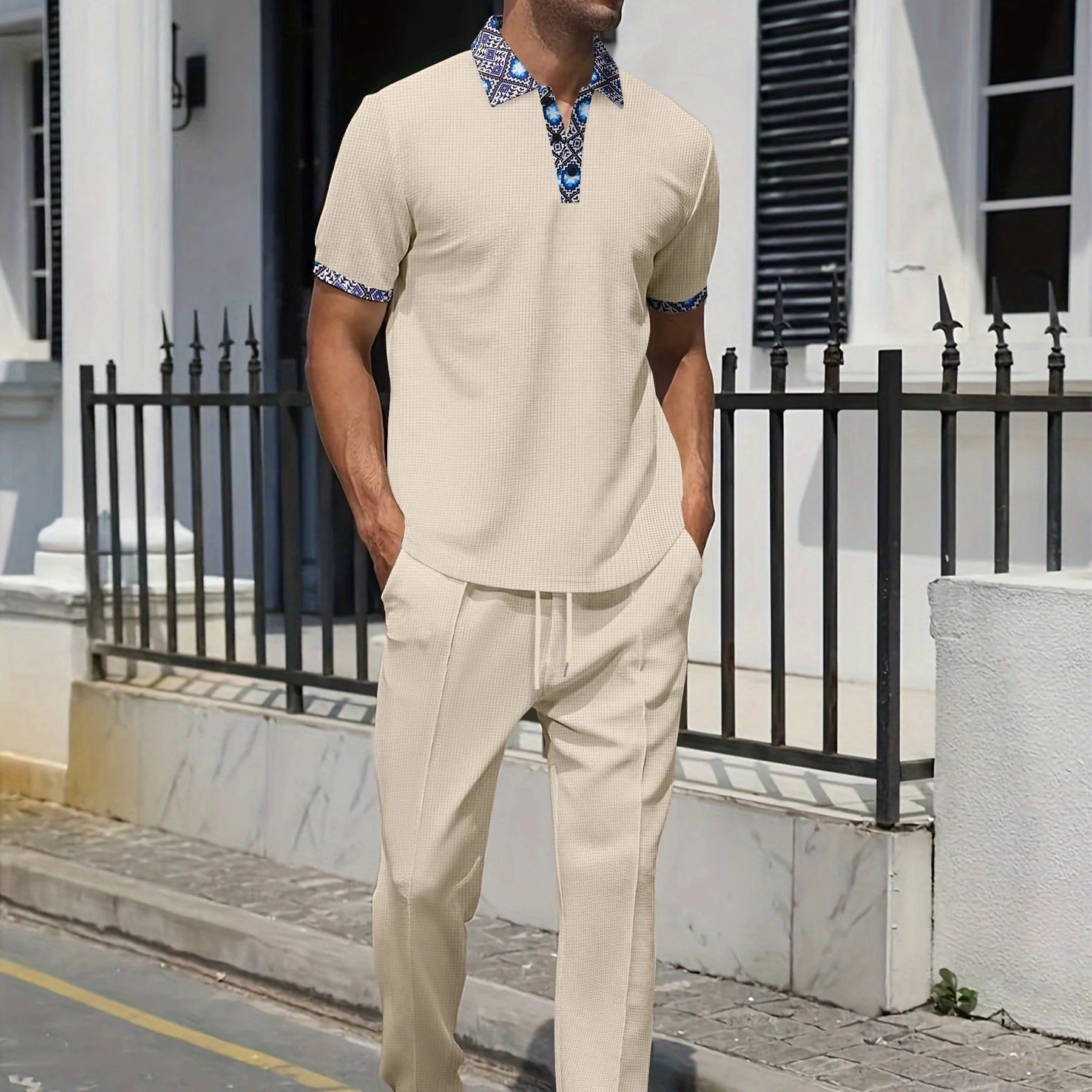 Men's beige casual suit set relaxed-fit short sleeve top tapered trousers breathable fabric
