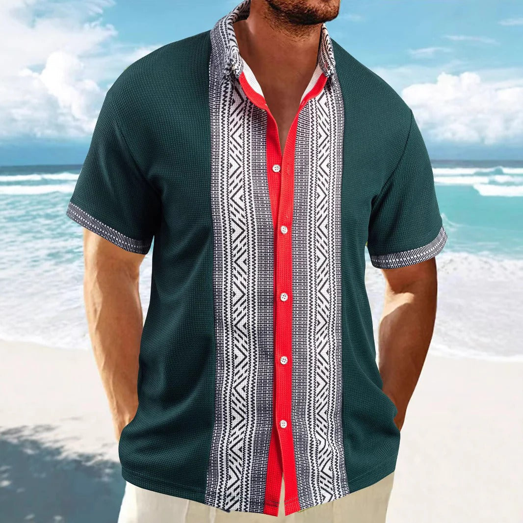 Men's relaxed fit short sleeve shirt breathable cotton ethnic pattern casual summer wear