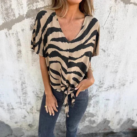 Women's relaxed fit V-neck tie-front short sleeve blouse, breathable everyday summer top
