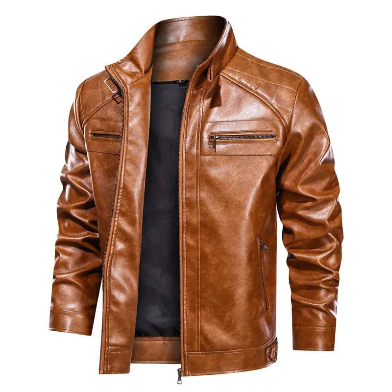 Men's black slim-fit biker jacket with quilted shoulders and zipper closure in premium PU leather look